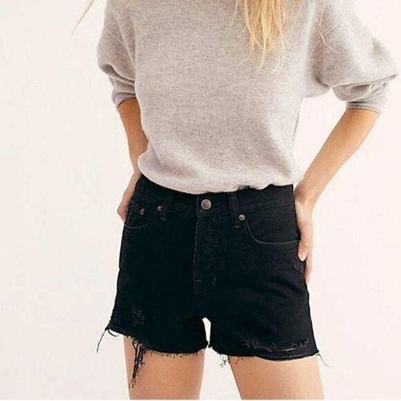 Free People Pants - Free People Black Sofia High Rise Button Fly Distressed Denim Shorts Size 30